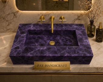 Lavabo flotante de amatista hecho a mano | Lavabo de lujo de piedra preciosa para montaje en pared | Lavabo de baño de cristal natural | Lavabo de piedra púrpura