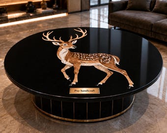 Designerhjortsoffbord, runt bord i svart marmorinlägg, premiuminredning i vardagsrummet, handgjort lyxigt marmorbord