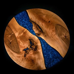 Blue Epoxy Resin Table Round Coffee and Desk Table with Walnut Wood Tops for Stylish Home Decor