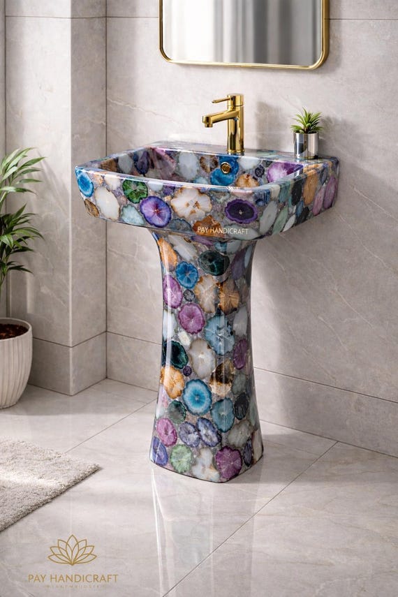 Mix Agate Pedestal Sink–Luxury Agate Stone Bathroom Sink–Handmade Gemstone Pedestal Basin–Natural Agate Wash Basin–Unique  Stone Vanity Sink