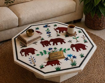 Tablero de mesa de mármol blanco con incrustaciones de elefante | Tablero de mesa de centro de mármol hecho a mano | Muebles de lujo con incrustaciones de piedras preciosas | Elemento decorativo para la sala de estar