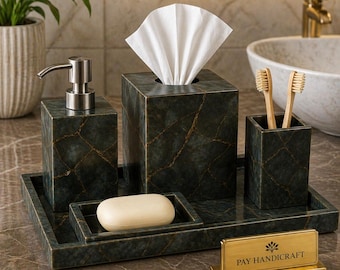 Set di accessori da bagno in labradorite realizzati a mano | Set di lusso per la toeletta | Dispenser di sapone, portaspazzolino e portafazzoletti | Elegante regalo per la cura di sé