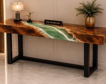 Ljusgrönt konsolbord i harts och akaciaträ, handgjort entrébord i flodstil, moderna epoxihartsmöbler, lyxig hallinredning