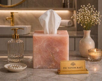 Funda para caja de pañuelos de cuarzo rosa hecha a mano | Soporte de lujo para pañuelos con piedras preciosas | Decoración elegante para el baño | Organizador de tocador | Regalo único para el hogar