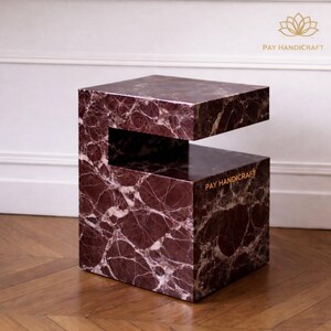 Rosso Levanto Marble Pedestal Side Table | Luxury Red Marble Accent Table | Handmade Italian Stone Side Table | Modern Coffee Table Decor