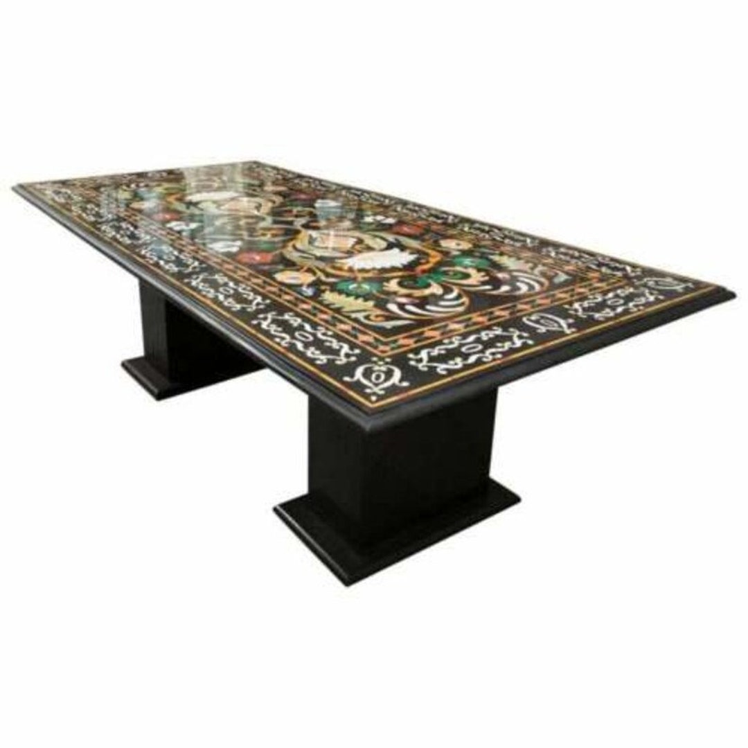 Black Marble Dining Table Top Handmade Semi Precious Stones Inlay With ...