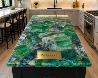 Losa de isla de cocina de fluorita verde a medida | Encimera de piedras preciosas de lujo | Tablero de mesa de piedra semipreciosa | Isla de cocina de cristal y decoración del hogar