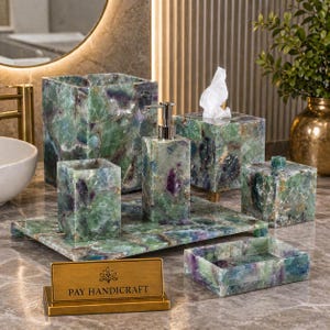 Real Rainbow Fluorite Bathroom Accessory Set 7 Pc |Luxury Crystal Vanity Decor|Green Gemstone Soap Dispenser Tray Tissue Box Wastebasket Set