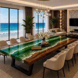 May include: A rectangular dining table featuring a natural wood edge and a central resin inlay with a green and white wave pattern. The table has black metal legs and is surrounded by ten beige upholstered chairs. A small sign reads PAY HANDICRAFT.