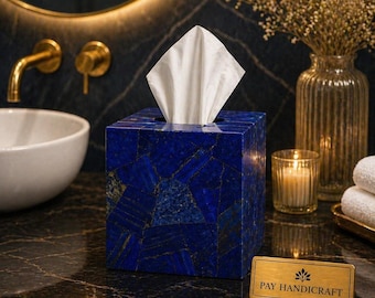 Handmade Lapis Lazuli Tissue Box Cover|Luxury Stone Tissue Holder|Blue Gemstone Home Decor|Marble Inlay Tissue Box Case|Elegant Vanity Decor