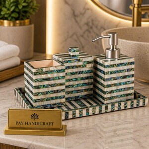 Mother of Pearl & Abalone Shell Bathroom Set| Luxury Spa Decor Vanity Accessories | Handcrafted Shell Inlay Bath Set |Elegant Countertop Set