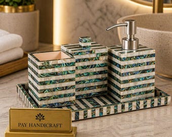 Mother of Pearl & Abalone Shell Bathroom Set| Luxury Spa Decor Vanity Accessories | Handcrafted Shell Inlay Bath Set |Elegant Countertop Set