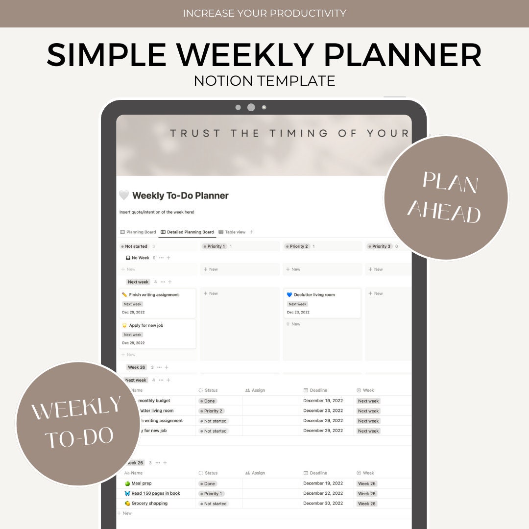 Simple Weekly Planner Notion Template Etsy