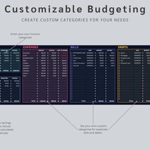 May include: A customizable budgeting spreadsheet with categories for income, expenses, bills, and debts. The spreadsheet is designed to help users track their finances and create a budget. The spreadsheet is color-coded with different colors for each category.