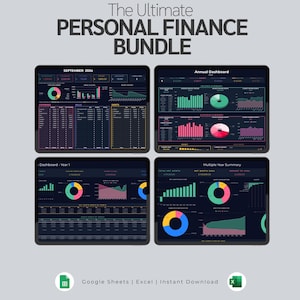 May include: The Ultimate PERSONAL FINANCE BUNDLE digital template features four dark-themed dashboards displaying financial data with colorful pie charts, bar graphs, and line trends. Includes Google Sheets and Excel compatibility icons.