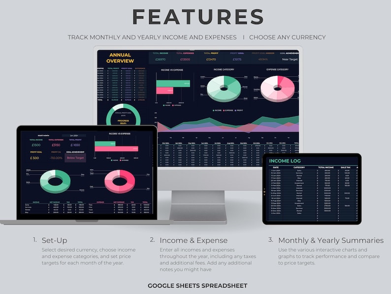 May include: A screenshot of a Google Sheets spreadsheet template for tracking income and expenses. The template features a dark background with colorful charts and graphs, including an annual overview, income vs. expenses, and an income log. The text "FEATURES" is at the top of the image, and the text "GOOGLE SHEETS SPREADSHEET" is at the bottom.