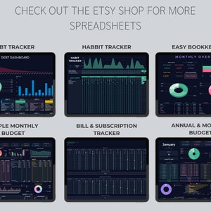 May include: Six different digital spreadsheet templates displayed on a computer screen. The templates are for debt tracking, habit tracking, easy bookkeeping, simple monthly budget, bill and subscription tracking, and annual and monthly budget. The templates are designed with a dark background and colorful charts and graphs.