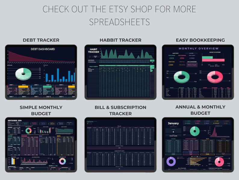 May include: Six different digital spreadsheet templates displayed on a computer screen. The templates are for debt tracking, habit tracking, easy bookkeeping, simple monthly budget, bill and subscription tracking, and annual and monthly budget. The templates are designed with a dark background and colorful charts and graphs.