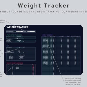May include: A digital weight tracker interface with a dark blue background. The interface includes sections for entering personal details, tracking weight, and setting goals. Text on the screen includes "Weight Tracker" and instructions for use.
