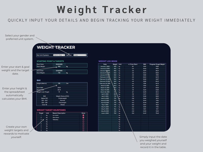 May include: A digital weight tracker interface with a dark blue background. The interface includes sections for entering personal details, tracking weight, and setting goals. Text on the screen includes "Weight Tracker" and instructions for use.