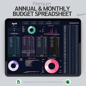 Puede incluir: Una tableta digital muestra una hoja de cálculo de presupuesto con el texto "Premium Annual & Monthly Budget Spreadsheet". La pantalla muestra datos financieros, gráficos y diagramas, con la palabra "April" en la parte superior. La hoja de cálculo está diseñada para Google Sheets y Excel.