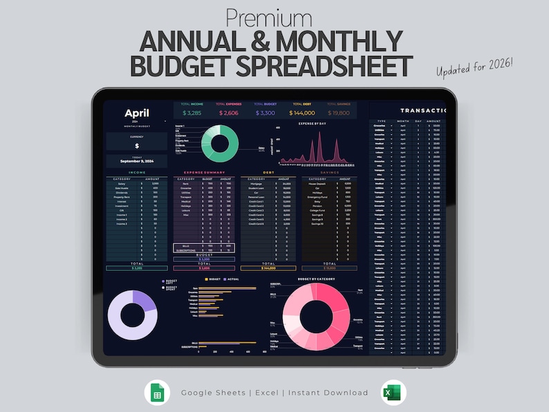 May include: A digital tablet displays a budget spreadsheet with the text "Premium Annual & Monthly Budget Spreadsheet." The screen shows financial data, charts, and graphs, with the word "April" at the top. The spreadsheet is designed for Google Sheets and Excel.