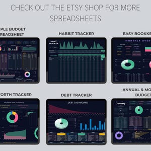 May include: Image of six digital spreadsheets with data visualizations. The spreadsheets include budget, habit, and debt trackers, with charts and graphs in various colors. Text at the top says "CHECK OUT THE ETSY SHOP FOR MORE SPREADSHEETS."