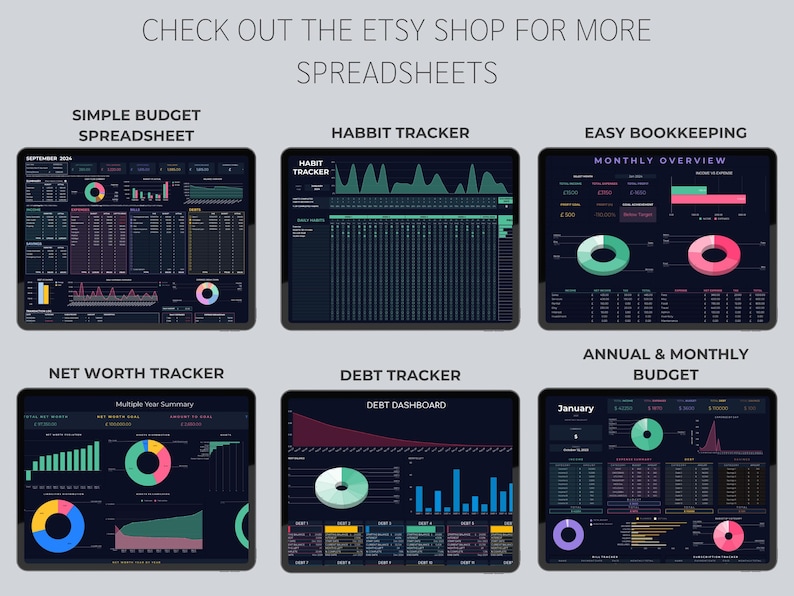 May include: Image of six digital spreadsheets with data visualizations. The spreadsheets include budget, habit, and debt trackers, with charts and graphs in various colors. Text at the top says "CHECK OUT THE ETSY SHOP FOR MORE SPREADSHEETS."