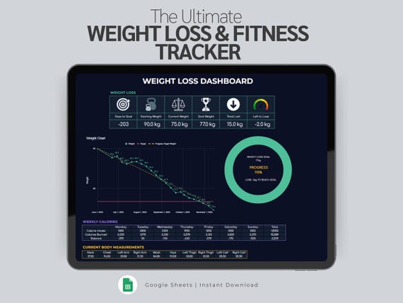 Weight Loss and Fitness Tracker Spreadsheet for Google Sheets | Weight Loss Planner | Fitness Planner | Body Measurements & Calorie Log