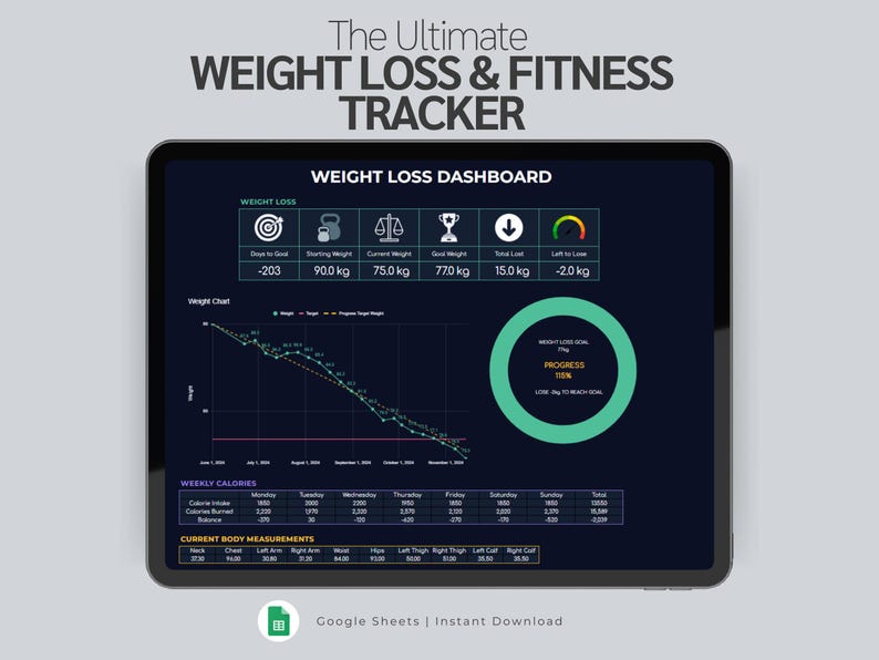 May include: A digital weight loss and fitness tracker displayed on a tablet. The screen shows a weight loss dashboard with weight metrics, a progress chart, and weekly calorie information. The text "The Ultimate WEIGHT LOSS & FITNESS TRACKER" is at the top.