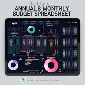 Spreadsheetsjabloon jaar- en maandbegroting, financiële planner, digitale begroting Google Spreadsheets, besparingentracker, schuldaflossing, salarisbegroting