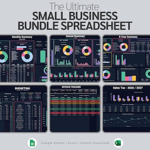 Può includere: Il foglio di calcolo The Ultimate Small Business Bundle presenta sei dashboard a tema scuro che mostrano dati finanziari, inclusi riepiloghi mensili, annuali e quinquennali, budget, tracciamento fatture e imposte sulle vendite 2026/2027.