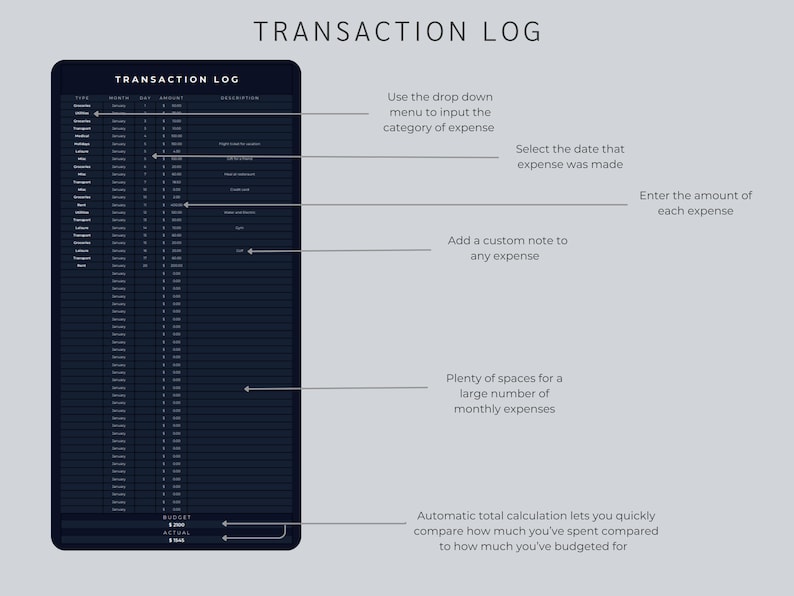 May include: A digital transaction log with the title "TRANSACTION LOG" at the top. The log is dark blue with white text and includes fields for type, month, day, amount, and description. Instructions are included to guide the user on how to input data.