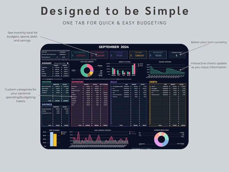 May include: A dark blue spreadsheet with a colorful pie chart and bar graphs. The spreadsheet is labeled "SEPTEMBER 2024" and includes categories for income, expenses, bills, debts, and savings. The spreadsheet is designed for budgeting and tracking finances.