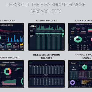 May include: Six different digital spreadsheets on a tablet screen. The spreadsheets are for tracking debt, habits, bookkeeping, net worth, bills and subscriptions, and annual and monthly budgets. The spreadsheets are designed with a dark background and colorful charts and graphs.