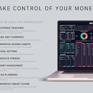 May include: A laptop computer displaying a spreadsheet with a dark background and colorful charts. The spreadsheet is titled "September 2024" and includes sections for income, expenses, bills, and savings. The text "TAKE CONTROL OF YOUR MONEY!" is displayed at the top of the image.