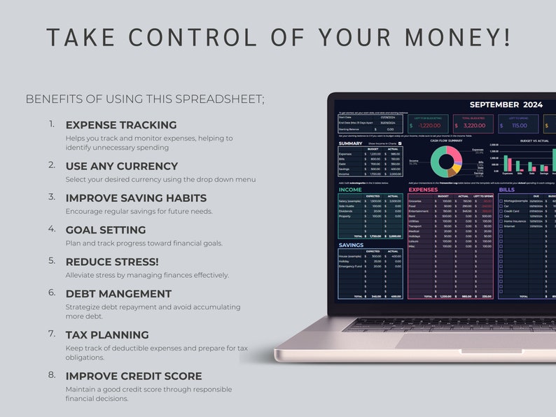 May include: A laptop computer displaying a spreadsheet with a dark background and colorful charts. The spreadsheet is titled "September 2024" and includes sections for income, expenses, bills, and savings. The text "TAKE CONTROL OF YOUR MONEY!" is displayed at the top of the image.