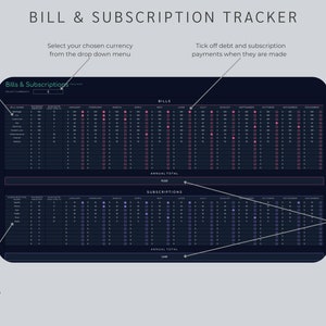 May include: A digital bill and subscription tracker with a dark blue interface. The tracker includes sections for bills and subscriptions, with fields for entering debt names, amounts, and payment dates. It also features a calendar to track payments.