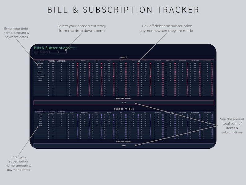 May include: A digital bill and subscription tracker with a dark blue interface. The tracker includes sections for bills and subscriptions, with fields for entering debt names, amounts, and payment dates. It also features a calendar to track payments.