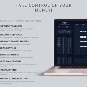 May include: A laptop displaying a financial spreadsheet with the text "TAKE CONTROL OF YOUR MONEY!". The screen shows a calendar for July 2023 and a list of benefits, including expense tracking and debt management.