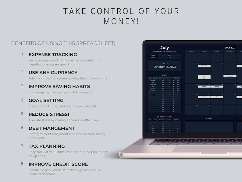 May include: A laptop displaying a financial spreadsheet with the text "TAKE CONTROL OF YOUR MONEY!". The screen shows a calendar for July 2023 and a list of benefits, including expense tracking and debt management.