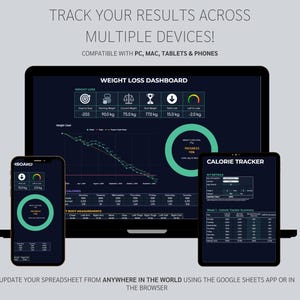 May include: A digital weight loss dashboard displayed on a laptop, smartphone, and tablet. The screens show weight loss progress, calorie tracking, and body measurements. Text on the screen reads "Track Your Results Across Multiple Devices!"