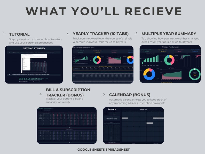 May include: A Google Sheets spreadsheet template for tracking net worth, bills, and subscriptions. The template includes a tutorial, yearly tracker, multiple year summary, bill and subscription tracker, and a calendar. The template is designed to help users manage their finances and track their progress over time.