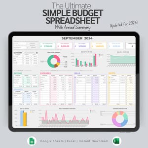 May include: A digital tablet displays a detailed budget spreadsheet for September 2024, with financial summaries and charts. The spreadsheet is labeled "The Ultimate Simple Budget Spreadsheet" and includes an annual summary. The image also includes the text "Updated for 2026!"