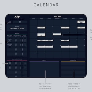 May include: A digital calendar with a dark blue background, displaying the month of July 2023. It features sections for bills, subscriptions, notes, and a to-do list. The calendar is designed to track upcoming payments and tasks.