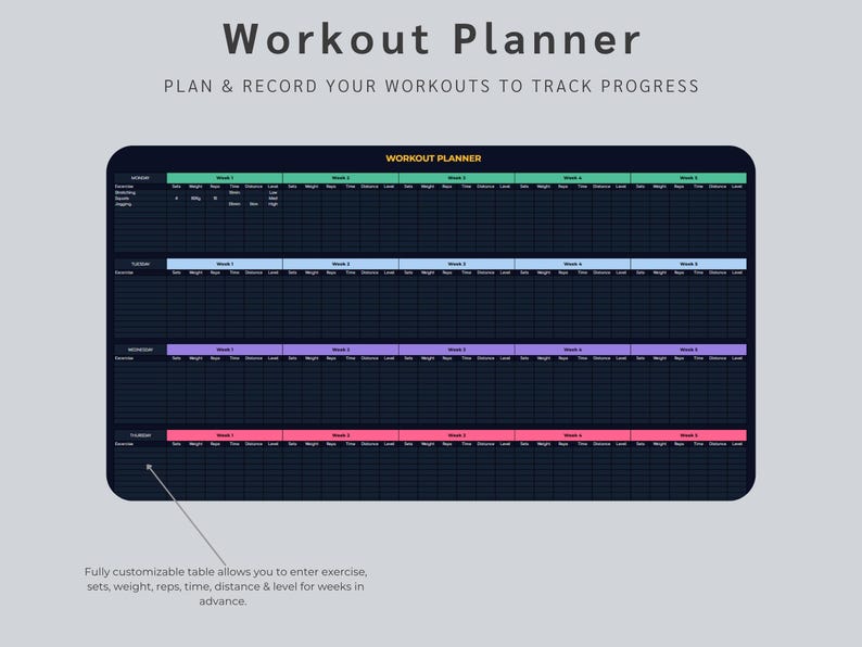 May include: A digital workout planner with a dark background and colorful headers. The planner includes sections for exercise, sets, weight, reps, time, distance, and level, with space to track progress over several weeks. Text at the top reads "Workout Planner".