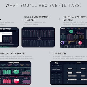 May include: A digital spreadsheet template with 15 tabs, including a tutorial, bill tracker, monthly and annual dashboards, and a calendar. The template features a dark theme with colorful charts and graphs for financial tracking.