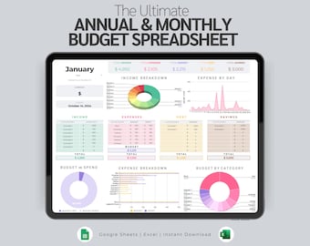 Annual & Monthly Budget Spreadsheet, Excel and Google Sheets Template, Financial Planner, Digital Budget, Savings Tracker, Debt Payoff