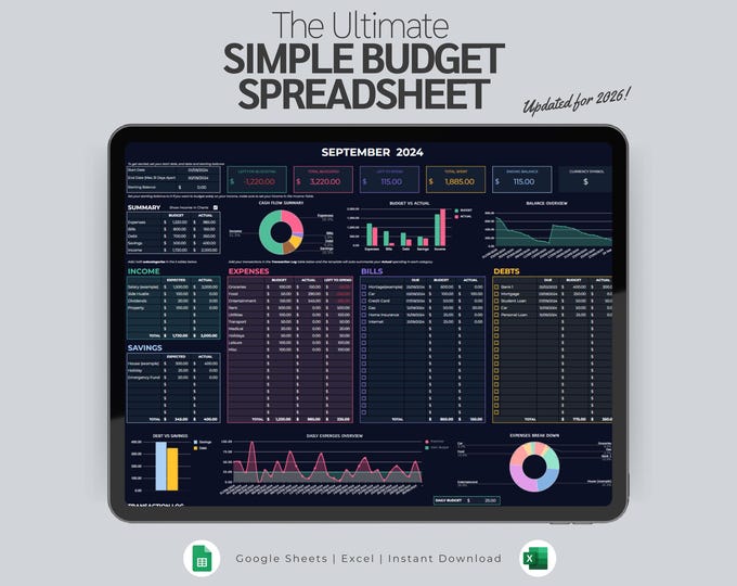 Simple Budget Planner Spreadsheet | Monthly Paycheck Budget | Google Sheets & Excel Template |  Financial Planner | Yearly Budget