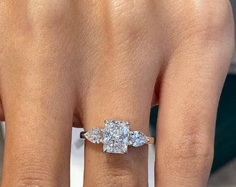 1.54 CT Radiant Cut Moissanite Three Stone Ring, Side Stone Pear, Engagement Ring, Bridal Ring, Promise Ring, Wedding Gifts/Ring For Women